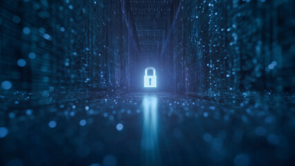 Cyber security digital computer protection padlock data network encryption firewall privacy glow dark data corridor, padlock icon shines center, abstract blue code tunnel evokes safety and focus
