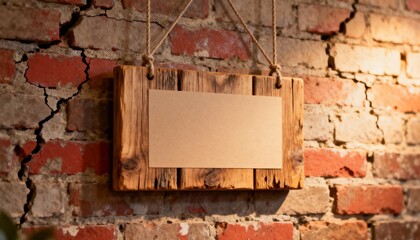 wooden sign mockup hanging against brick wall, blank sign area, rustic retail display photo