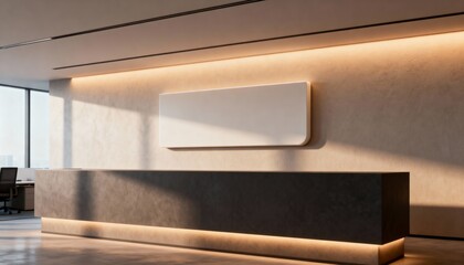 3d wall logo mockup on reception wall, blank mockup area, soft office lighting, corporate feel professional photo