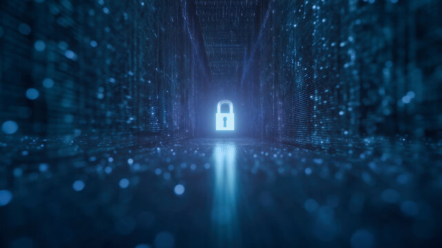 Cyber security digital computer protection padlock data network encryption firewall privacy glow dark data corridor, padlock icon shines center, abstract blue code tunnel evokes safety and focus