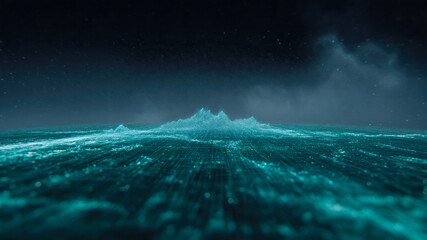 Futuristic data wave, digital ocean, cyber grid, neon teal, abstract landscape, information technology background shapes calm horizon and moody depth with glowing particles and soft mist