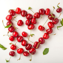 cherries in heart shape on white background, Valentine's Day, summer berries, cherry heart, heart from cherry