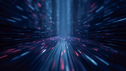 Information technology background speed lines neon data stream glow digital tunnel motion futuristic light trail cyber space blur abstract blue red network flow depth sci fi corridor dynamic