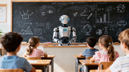 Humanoid robot teaching children in bright classroom with chalkboard sketches symbolizing future education technology and human machine collaboration