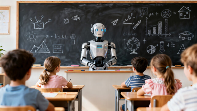 Humanoid robot teaching children in bright classroom with chalkboard sketches symbolizing future education technology and human machine collaboration
