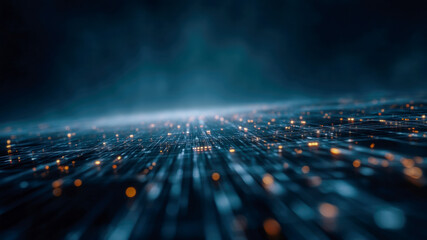 Futuristic network grid digital data information technology background glowing dots blur depth cyber wave abstract light pattern motion perspective connect energy