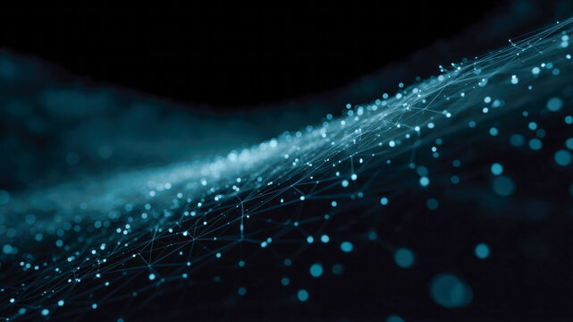 Technology network background data flow connects information nodes abstract wave pattern, glowing points form digital mesh with depth and motion creating futuristic mood for innovation background