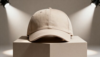 baseball cap mockup on neutral plinth, isolated product display, clean fashion retail photo