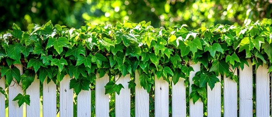 Lush green ivy climbing a white picket fence in a sunny garden nature photography outdoor close-up view