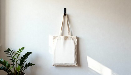 tote bag mockup hanging on hook against painted wall, front blank area, lifestyle retail presentation