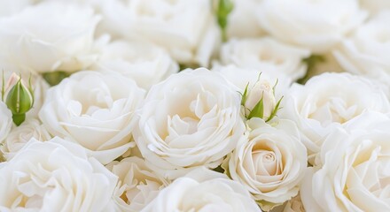 Close-up macro shot of a lush bouquet of delicate white roses, their petals unfurling in soft focus, symbolizing purity and new beginnings