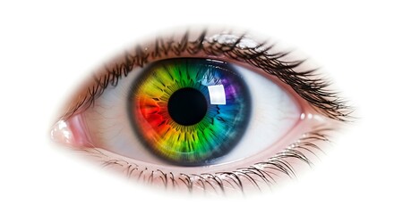 Fototapeta premium Close-up of a human eye showcasing a vibrant rainbow iris, symbolizing diversity, vision, and a spectrum of perception against a white background