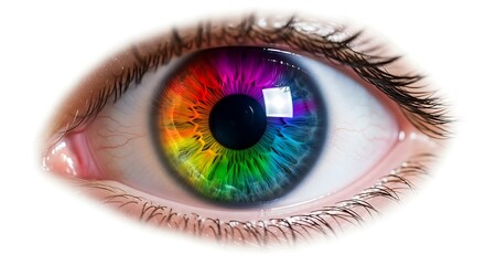 A close-up shot of a human eye with a vibrant rainbow iris, showcasing a spectrum of colors in a mesmerizing and detailed view