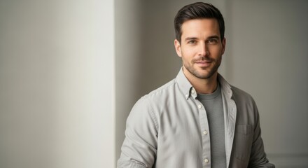 Confident young man with neat appearance dressed in casual shirt in