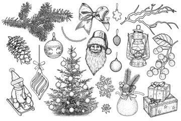  Hand draw set of vintage Christmas design elements. Gifts, Christmas tree, New Year decor. Vector illustration.