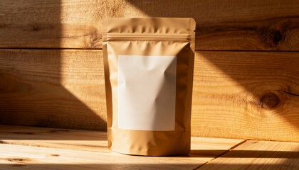 pouch mockup on natural wood, blank front label area, soft morning light, organic brand vibe