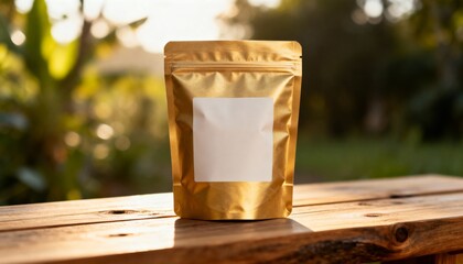 pouch mockup on natural wood, blank front label area, soft morning light, organic brand vibe