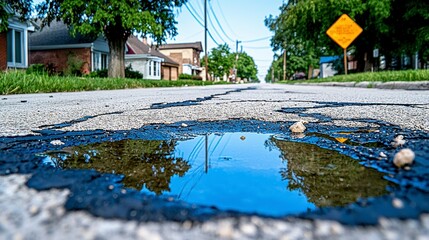 Pothole repair awareness campaign urban street photography residential area ground level community engagement