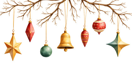 Watercolor christmas ornaments hanging from tree branches, isolated on white background
