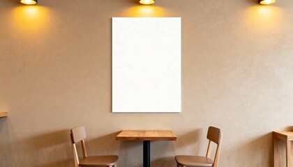 vertical poster mockup in cafe interior, minimal furniture, empty poster area for ad, warm ambient lights