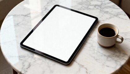 tablet mockup on marble tabletop, top down angle, blank screen for portfolio