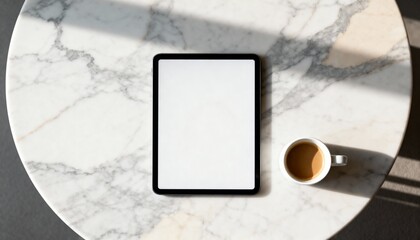 tablet mockup on marble tabletop, top down angle, blank screen for portfolio