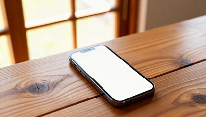 clean smartphone mockup on wooden desk, empty screen for appdesign, warm natural window light, shallow depth, negative space for copy