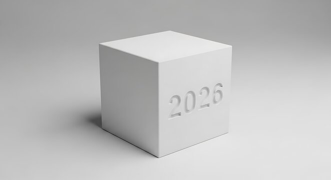 Minimalist 3d render of a white rectangular prism with the year 2026 embossed on its surface