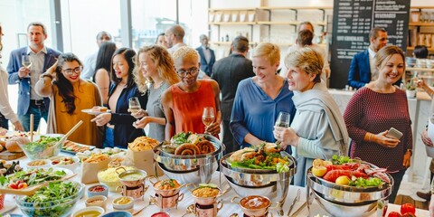 Diverse group enjoying buffet. Men and women of various ethnicities gather around a table filled with food, sharing a meal and conversation at a social event. People at event and buffet at restaurant