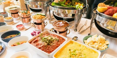 A vibrant buffet with diverse dishes, including salads, curries, and rice. The buffet features colorful, appetizing food in bowls and chafing dishes. Table with international buffet of food dishes.