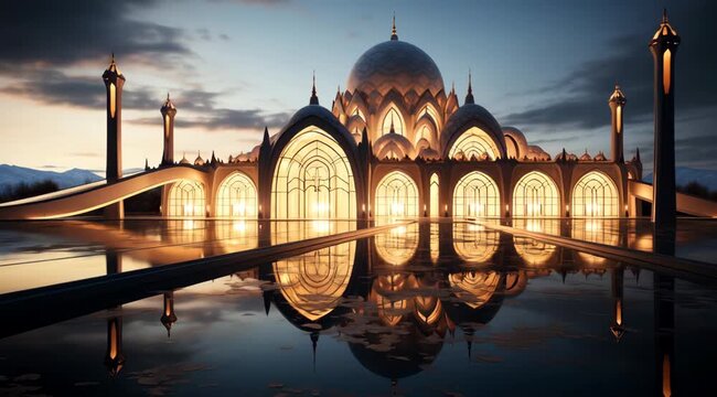 Reflecting architectural marvel opulent mosque under twilight sky with mirrored reflection