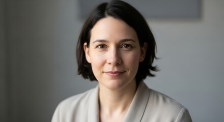 portrait of a confident woman with short dark hair and a gentle