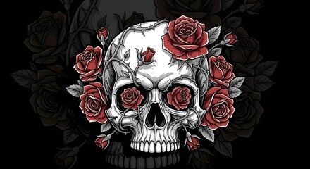 A detailed dark gothic illustration of a human skull surrounded by red roses and thorny vines. The artwork features bold shading, dramatic contrast, and a mix of macabre and floral elements, creating 