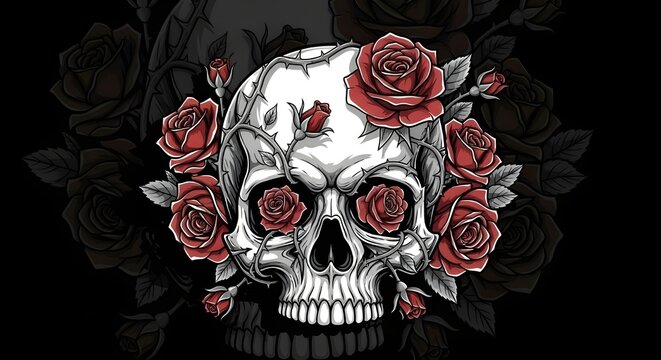 A detailed dark gothic illustration of a human skull surrounded by red roses and thorny vines. The artwork features bold shading, dramatic contrast, and a mix of macabre and floral elements, creating  - Powered by Adobe
