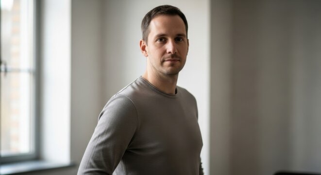Professional young man standing confidently in a modern office