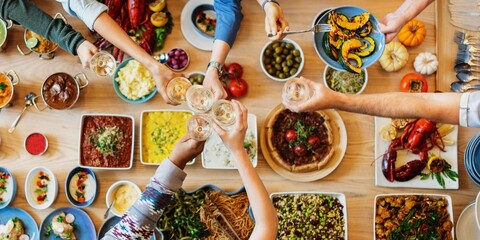 A diverse group of people enjoying a festive meal, sharing food and drinks. Top view of a table with various dishes, celebrating togetherness and diversity. Diverse people celebrating and toasting.