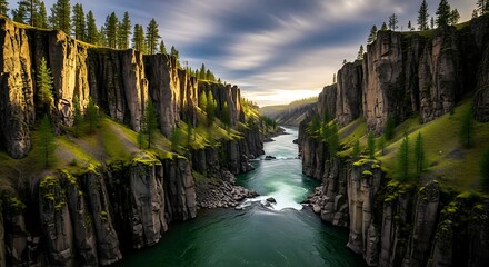 Majestic canyon landscape with river flowing through towering cliffs under cloudy sky.