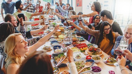 A diverse group of people, including men and women of various ethnicities, joyfully celebrating with food and drinks. The vibrant gathering festive atmosphere filled with laughter and tosting.