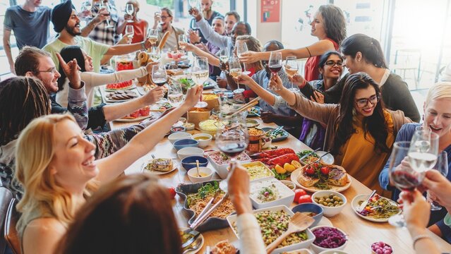 A diverse group of people, including men and women of various ethnicities, joyfully celebrating with food and drinks. The vibrant gathering festive atmosphere filled with laughter and tosting.