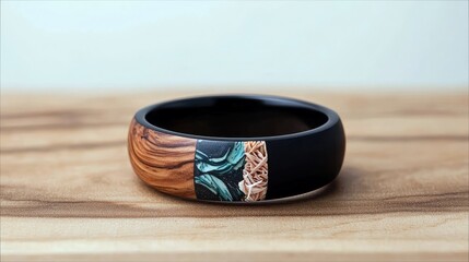 A close-up, studio shot of a unique ring made of wood and black material with a colorful resin inlay, placed on a wooden surface with a soft, neutral background