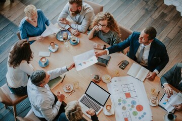 Diverse group in a business meeting, collaborating over documents and laptops. Teamwork and discussion in a professional setting. Business meeting. Business discussion with diverse people. Teamwork