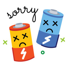 Two Cartoon Batteries Depicting Low Energy with Sad Expressions and a Transparent Background