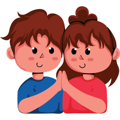 Two Cartoon Children Boy And Girl Together With Hands Clasped In Front And Smiling With Brown Hair And Blue And Red Shirts Against A Transparent White Background