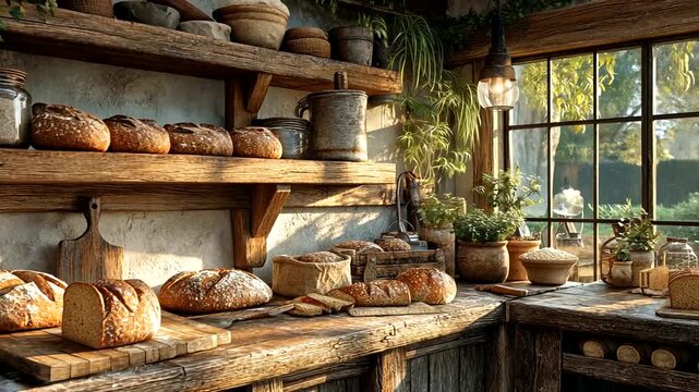 Rustic bakery interior with bread loaves and natural sunlight creating a warm inviting atmosphere