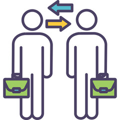 Two Business People With Briefcases Exchanging Ideas With Arrows In Teal And Yellow Against Transparent Background
