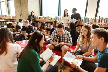 Diverse group of young adults studying in a library. Students, books, and learning. Engaged in discussion, sharing ideas, and collaborating in a bright space. Diverse group of people photography.