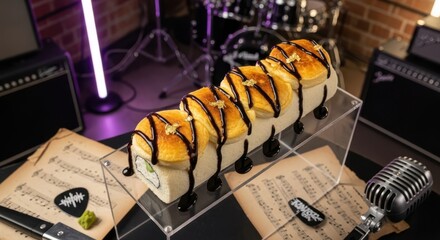 Japaneese cheesecake Gourmet sushi roll with caramelized topping and dark sauce drizzle displayed dramatically on a clear stand amidst musical equipment.