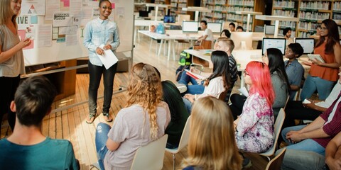 A diverse group of people in a library setting, engaged in a presentation. They are seated and...