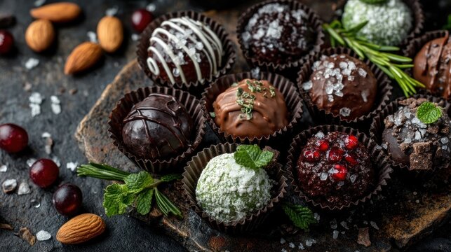 Assorted gourmet chocolates in dark chocolate, white chocolate, and pistachio fillings, artistically arranged on a dark stone board, complete with fresh herbs, nuts, and berries. - Powered by Adobe