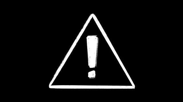 Animated Hand-Drawn Warning Sign Loop Video on Black Background with Chalk Scribble Texture, attention, alert, danger, caution, hazard, risk, error, information, message, security